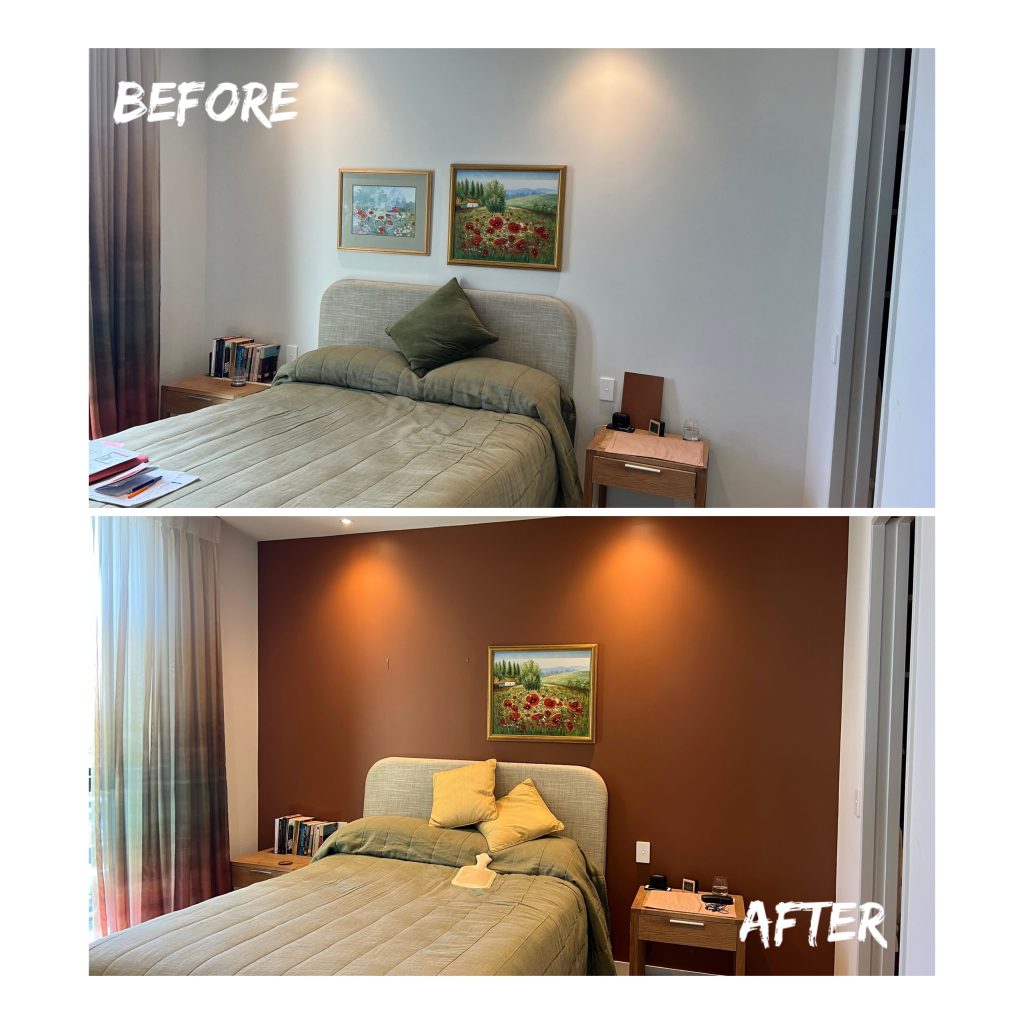 Before and after feature wall repaint in the master bedroom of an Epsom home by Auckland City Painters using Resene Cape Palliser – rich parched ochre