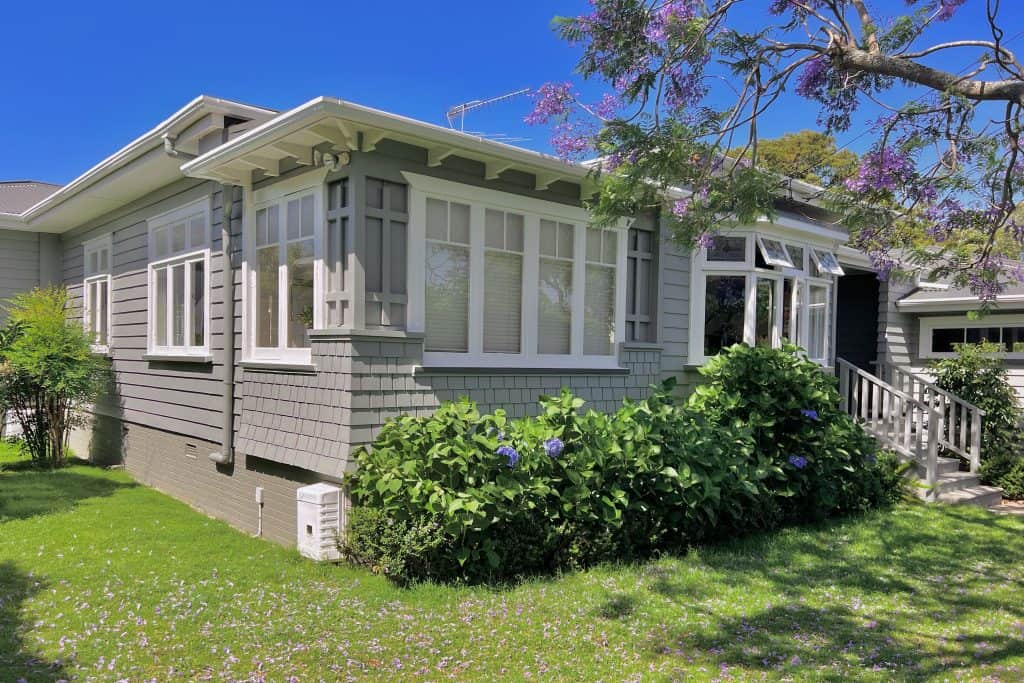 After - A freshly painted wooden bungalow with mid grey weatherboards, white trim, large windows, and a lush green garden with flowering hydrangea bushes and a leafy tree under a clear blue sky. Greenlane.