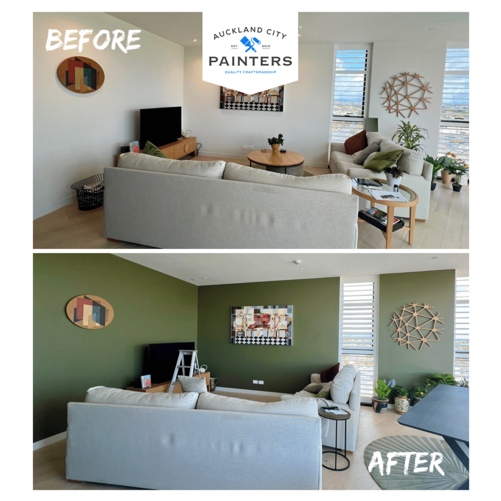 Before and After interior painting of lounge walls by Auckland City Painters