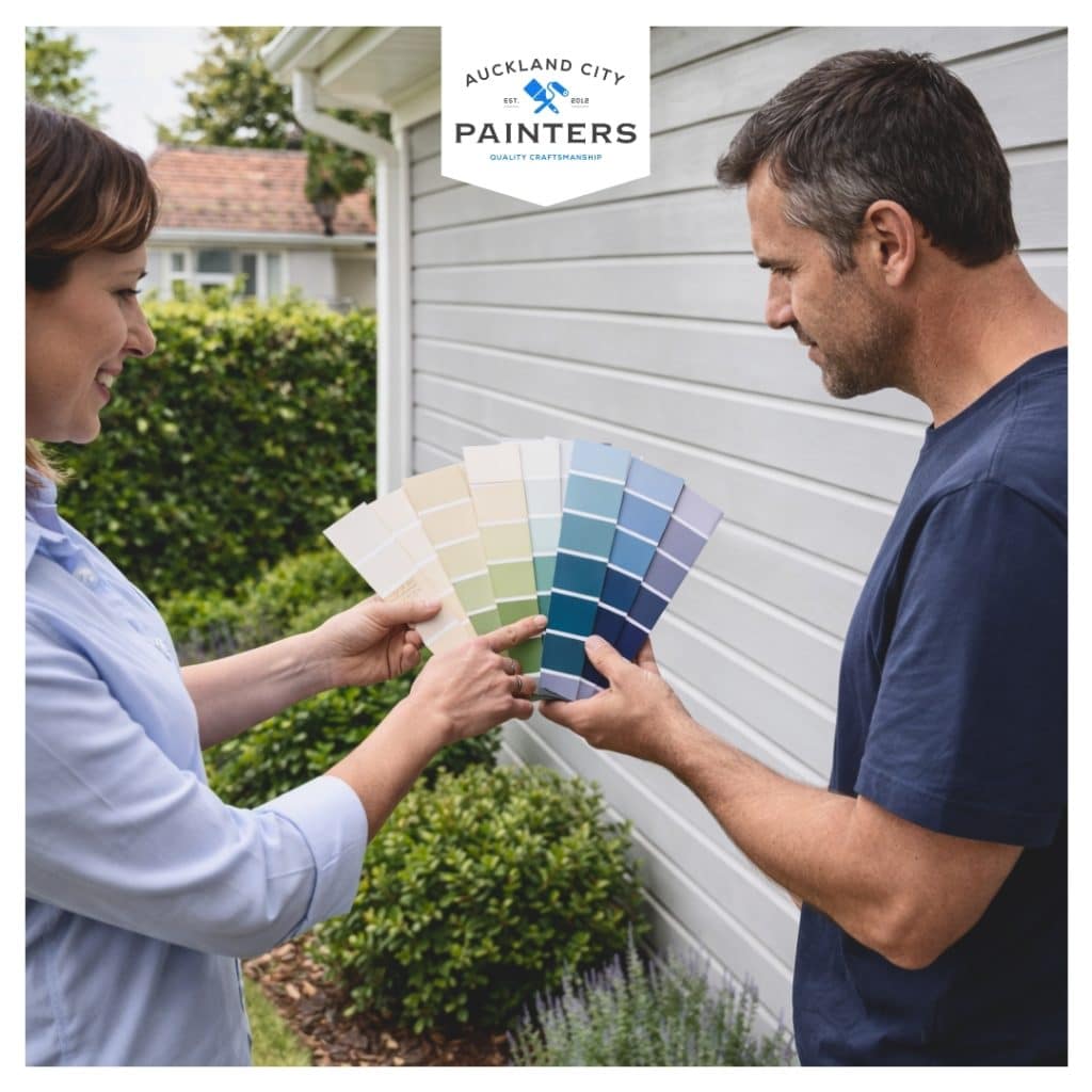 A colour consultant points out colours on a fan deck to home owner with house in background.