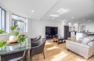 Freshly painted living, dining and kitchen area, Hobson Street apartment interior repaint